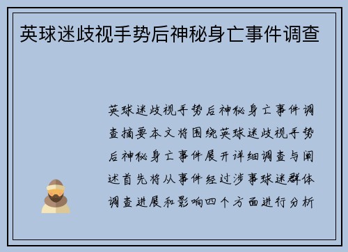英球迷歧视手势后神秘身亡事件调查